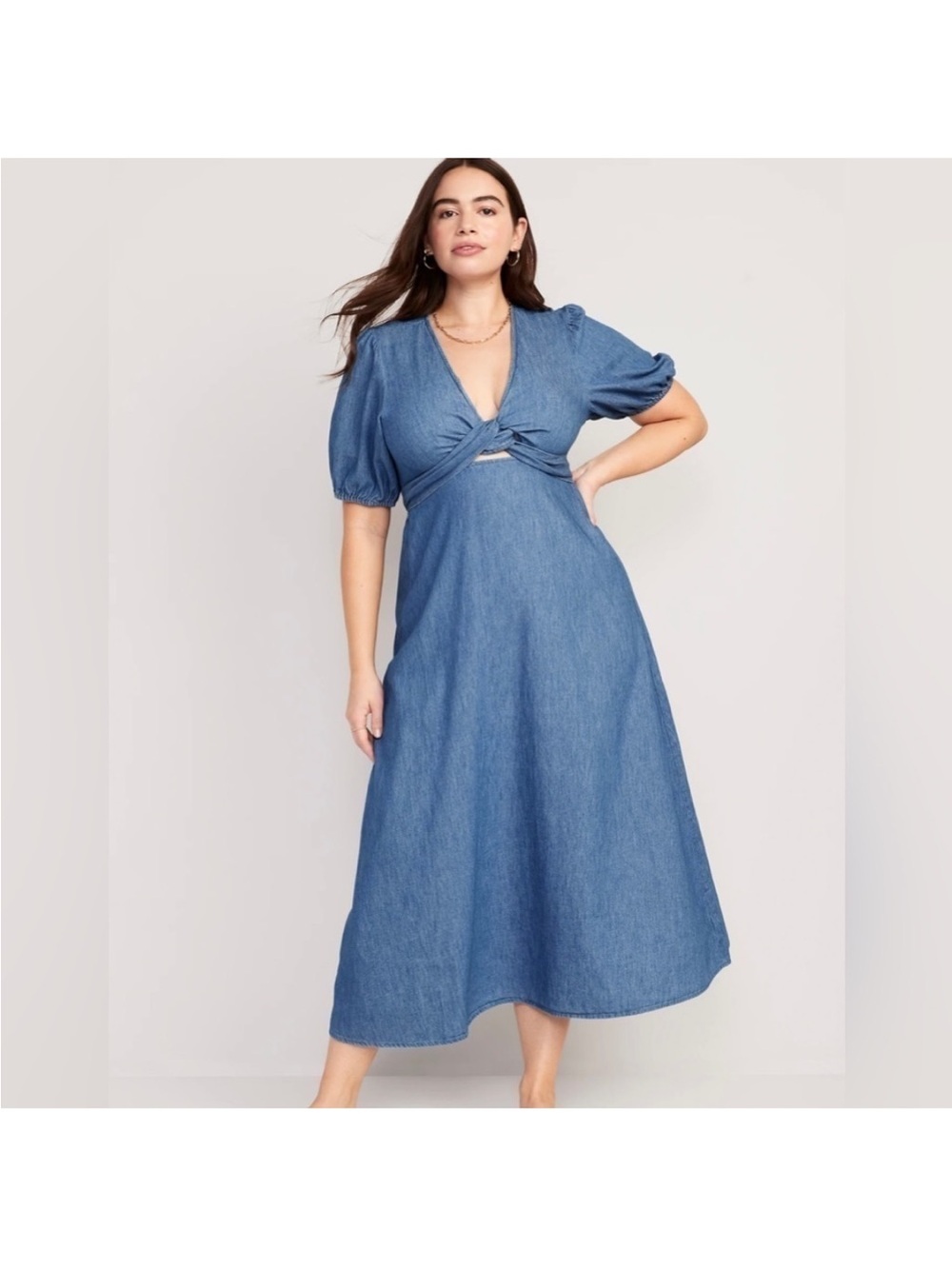 Old Navy Blue Denim Midi Dress with Twist Front size M Long